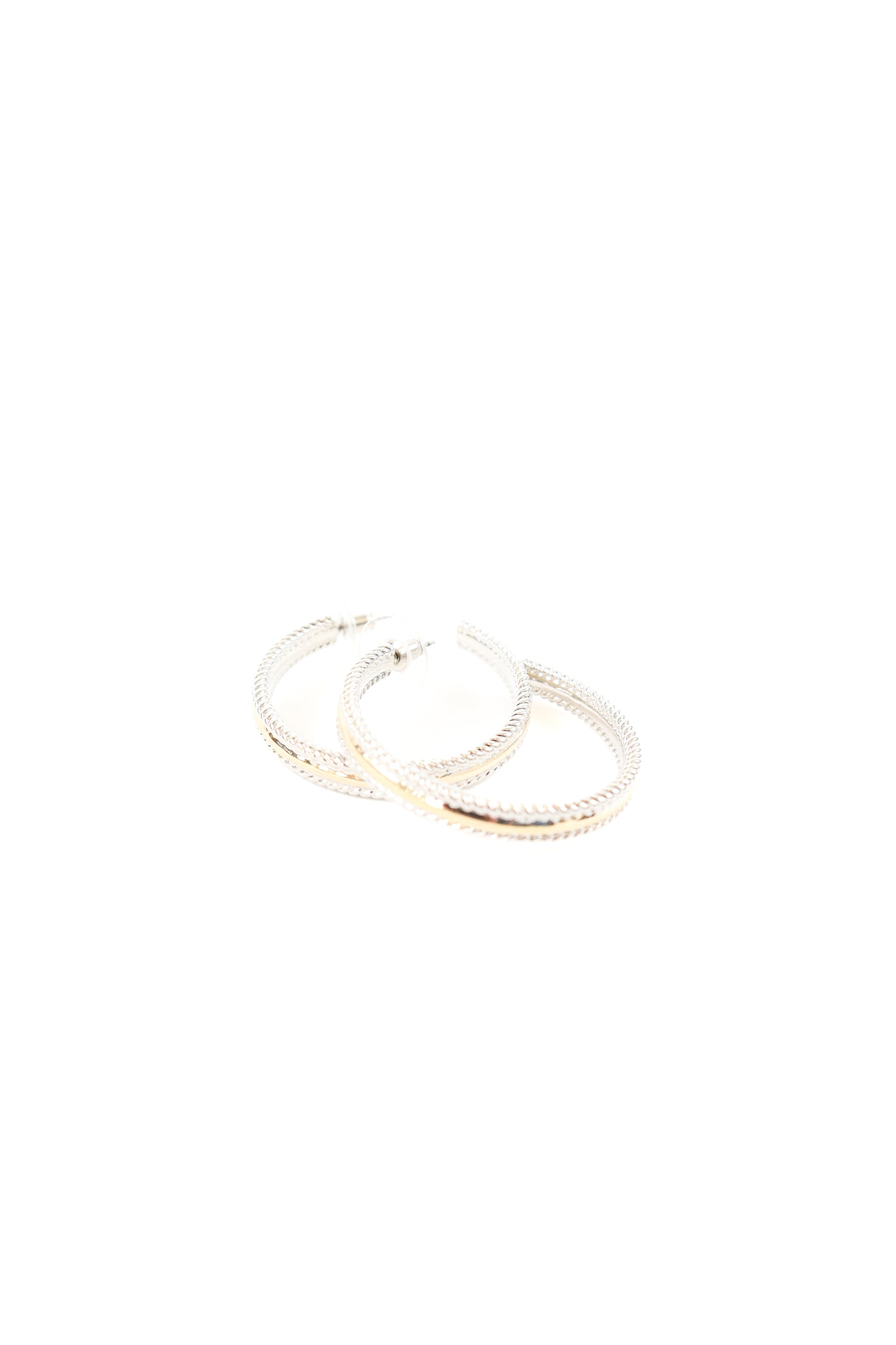 Two-tone gold and silver textured rope hoop earrings with stud backing