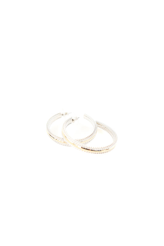 Two-tone gold and silver textured rope hoop earrings with stud backing