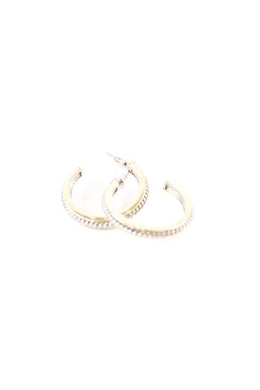 Gold hoop earrings with rope-textured edge detailing and stud post backing