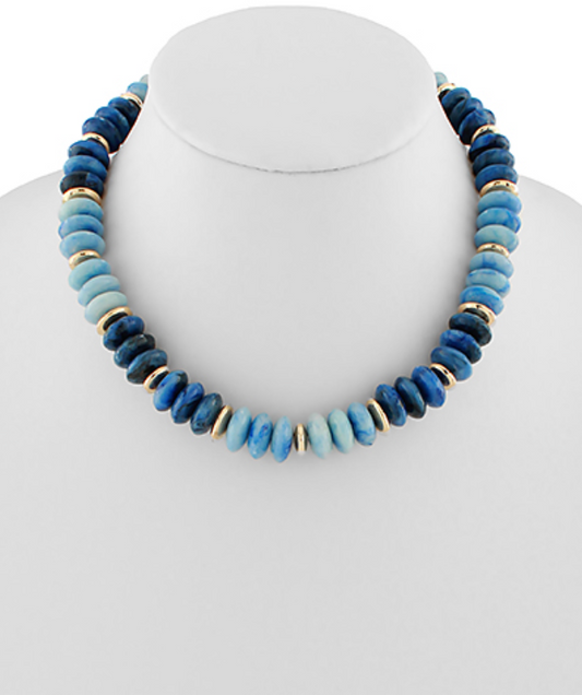 Terra Gemstone Disc Bead Necklace in Shades of Blue with Gold Accents