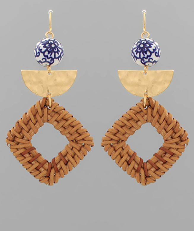 Earrings with Blue and White Ceramic Bead, Gold Hammered Half-Circle, and Woven Rattan Diamond