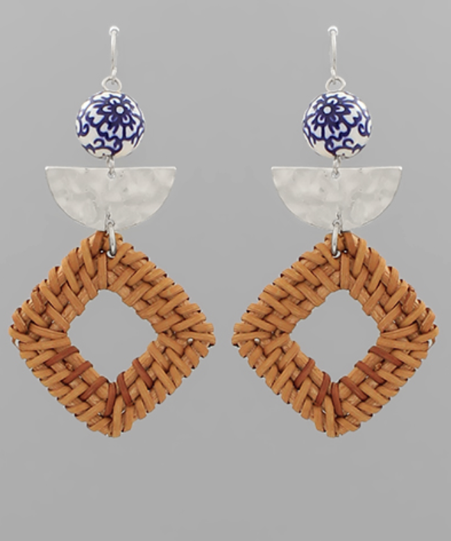 Earrings with Blue and White Ceramic Bead, Gold Hammered Half-Circle, and Woven Rattan Diamond