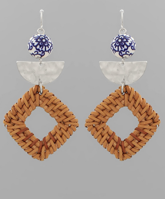Earrings with Blue and White Ceramic Bead, Gold Hammered Half-Circle, and Woven Rattan Diamond