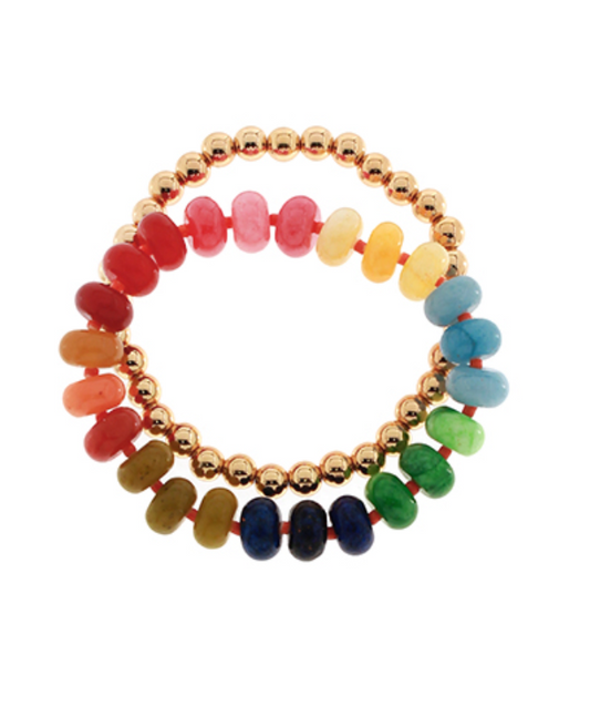 A vibrant set of two stretch bracelets, each featuring a playful mix of polished gold-toned spherical beads and flat, rondelle-shaped jade beads in a gradient of rainbow colors.