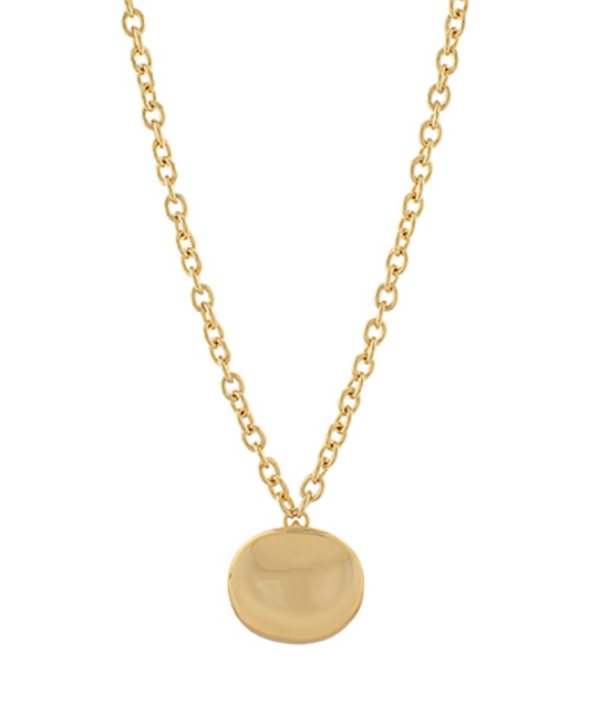 Minimalist gold dome pendant necklace on a delicate gold chain, high-polish round pendant jewelry