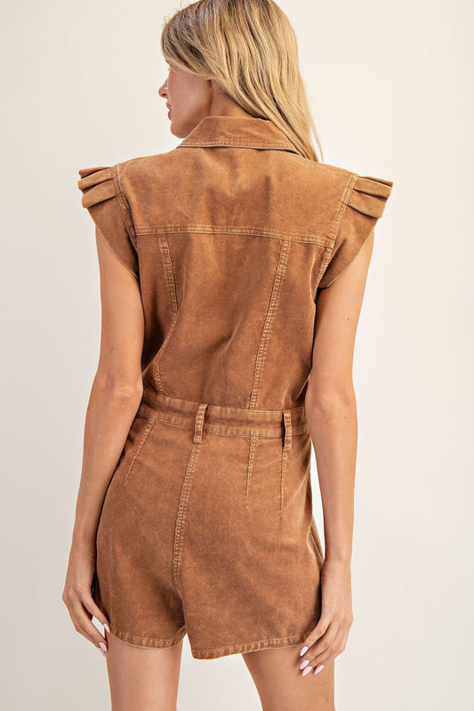 The Briony Corduroy Romper brings a playful utility-inspired charm with pleated cap sleeves and a flattering structured fit.

