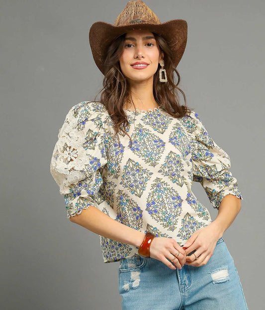 The Claudine Vintage Floral Blouse showcases a romantic floral print with statement puff sleeves, lace insets, and a scalloped crochet neckline for timeless charm.

