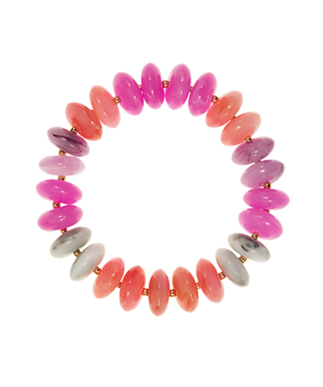 A selection of two gold-toned bracelets, each featuring a series of large, smooth cabochon stones in vibrant colors. One bracelet has round yellow stones, and the other has rectangular red stones, both linked by small gold-toned connections.