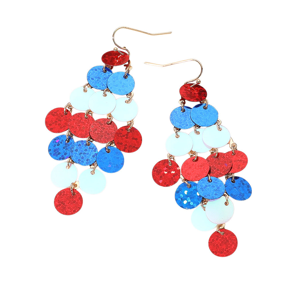 The Geneva Earrings celebrate patriotic style with dazzling sequins and chandelier dangles that catch the light beautifully.&nbsp;