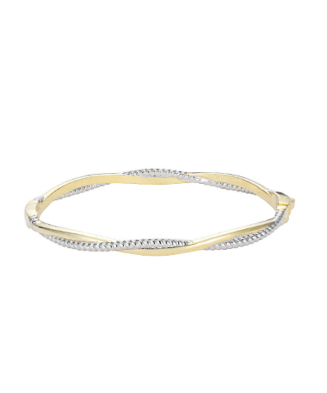 A elegant gold-toned bangle bracelet featuring a unique twisted design with one smooth, polished strand and one textured, beaded strand gracefully intertwined.