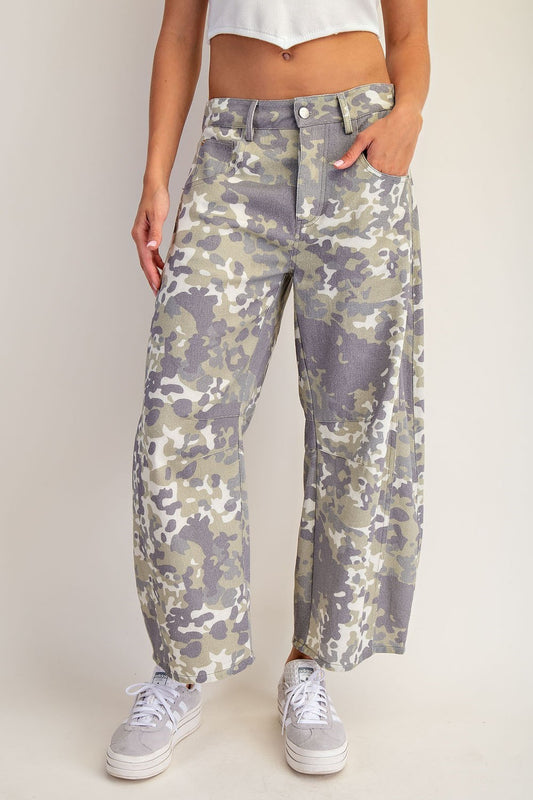 The Janelle Camo Barrel Pants feature bold camo print and panel seam detailing for a utilitarian, modern look.

