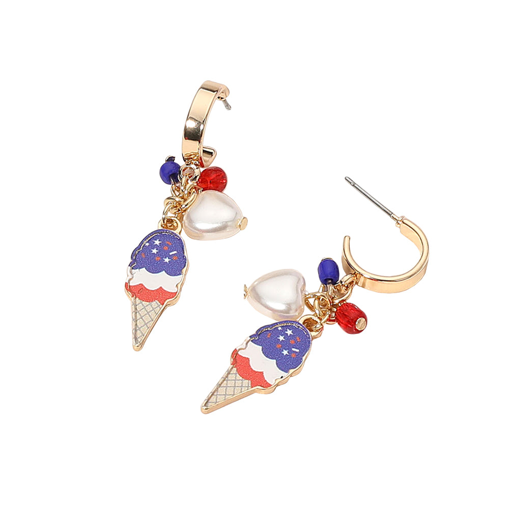 The Jolene Earrings are a sweet celebration of summer, featuring USA flag ice cream cones, pearl hearts, and playful dangle charms.
