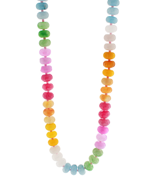A continuous strand necklace featuring a gradient of small, flat, oval-shaped beads that transition smoothly through soft pastel colors, including light blues, greens, purples, pinks, yellows, and oranges. The beads are strung closely together, creating a delicate and fluid appearance.
