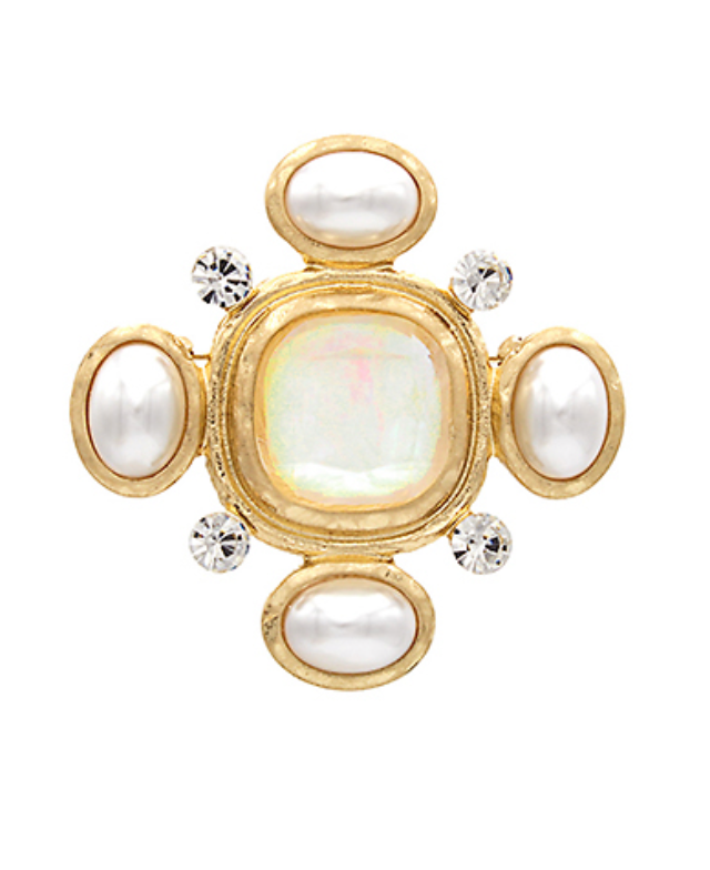 A luxurious, gold-toned square-shaped brooch featuring a central large, iridescent mother-of-pearl or opal-like cabochon. This central stone is surrounded by four oval-shaped, white pearl cabochons at each cardinal point, separated by sparkling clear round rhinestones set in the gold frame. The gold frame itself has a textured or antique finish.