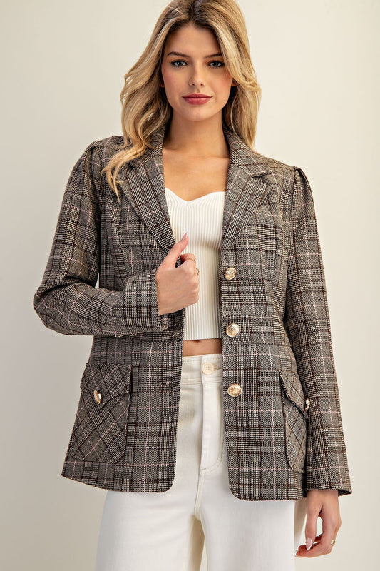 The Renata Blazer features a tailored plaid silhouette with gold button details—an elevated essential for modern, polished styling.