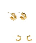 Set of two pairs of gold-plated mini hoop earrings with a twisted texture, designed for layering and effortless styling