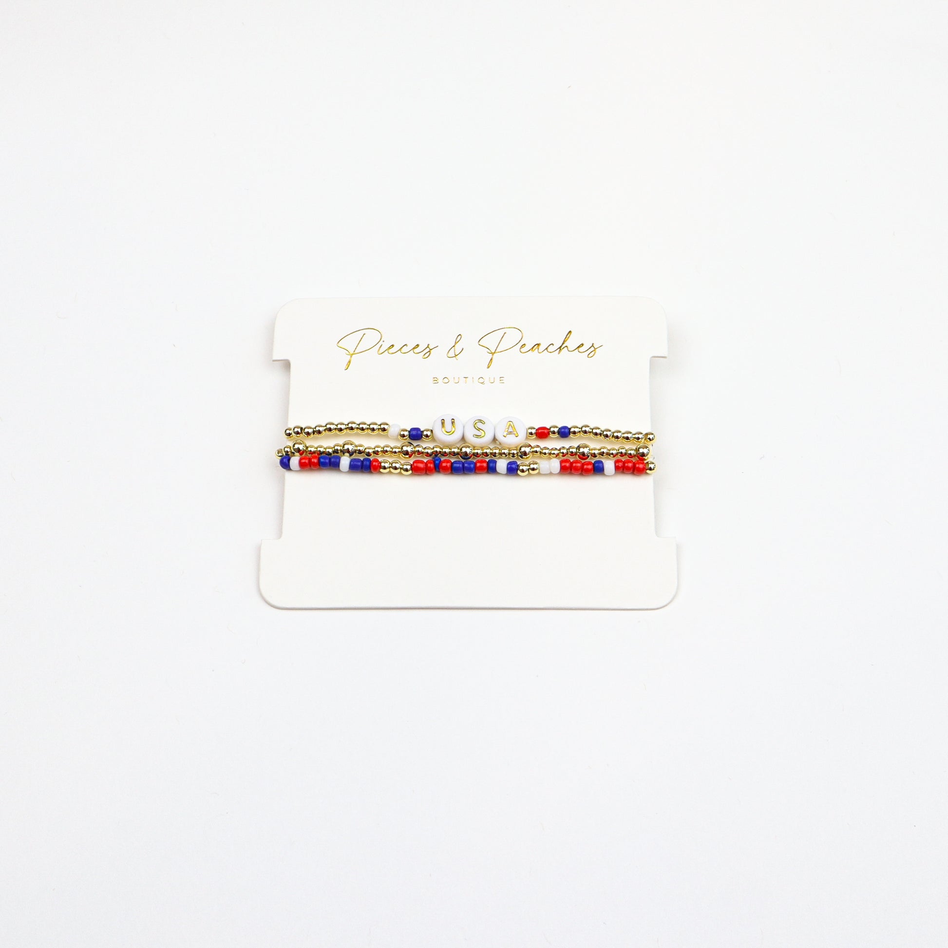 USA beaded bracelet set with red, white, and blue beads and gold accents