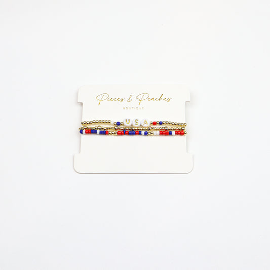 USA beaded bracelet set with red, white, and blue beads and gold accents