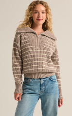 Stylish striped half-zip sweater with a relaxed fit, oversized collar, and ribbed cuffs for a cozy and versatile look.