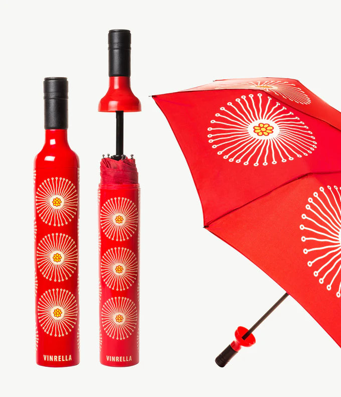 Vinrella Bottle Umbrella featuring a unique bottle-shaped storage case and a compact, travel-friendly design.
