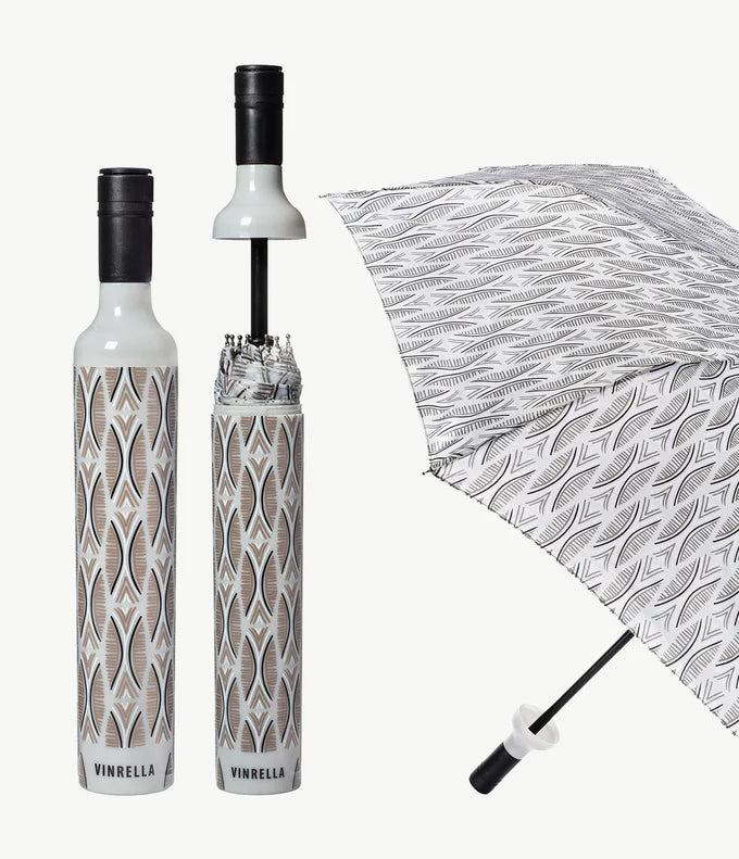 Vinrella Boho Bottle Umbrella featuring a unique bottle-shaped storage case and a compact, travel-friendly design.