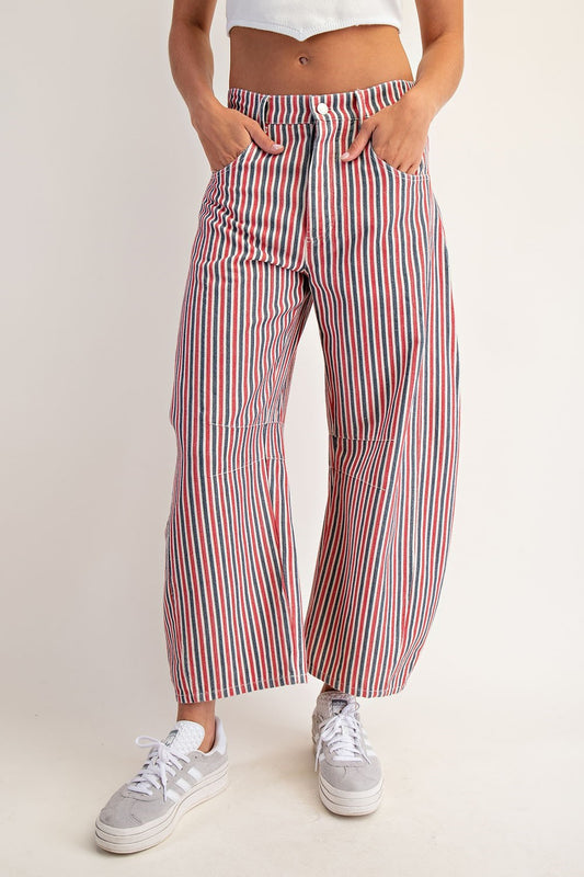 Vintage-inspired mineral wash jeans with subtle stripes and a relaxed barrel leg fit.