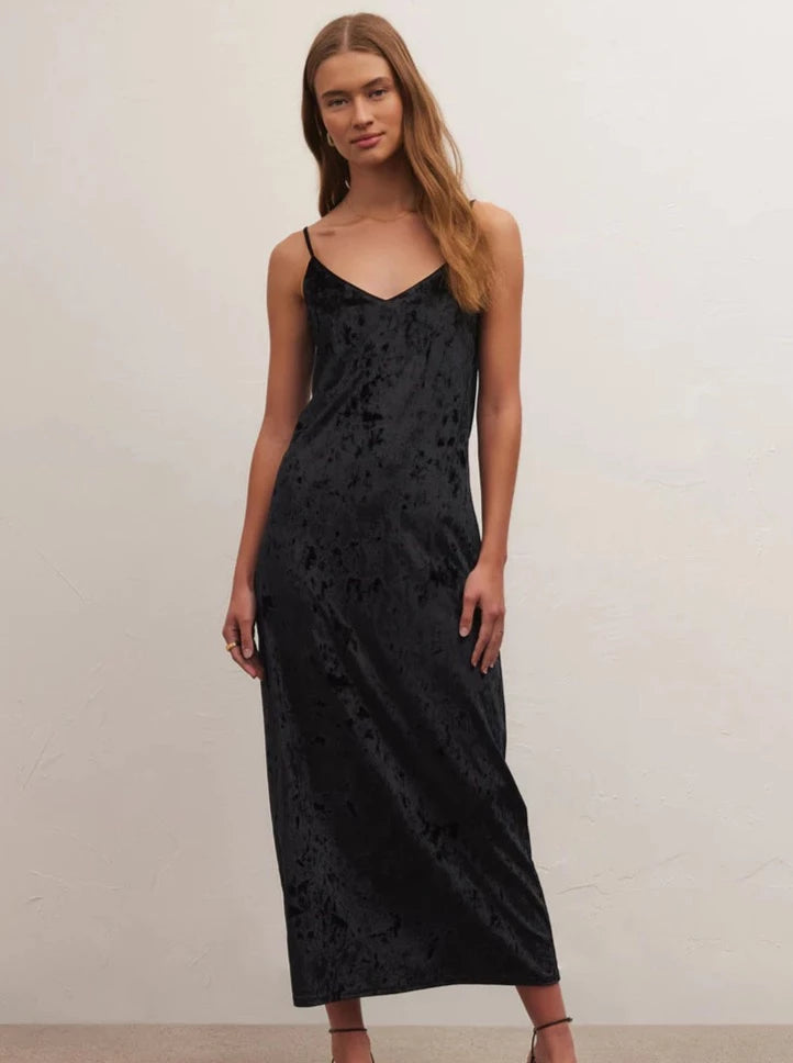 Selina Crushed Velvet Midi Dress - Black