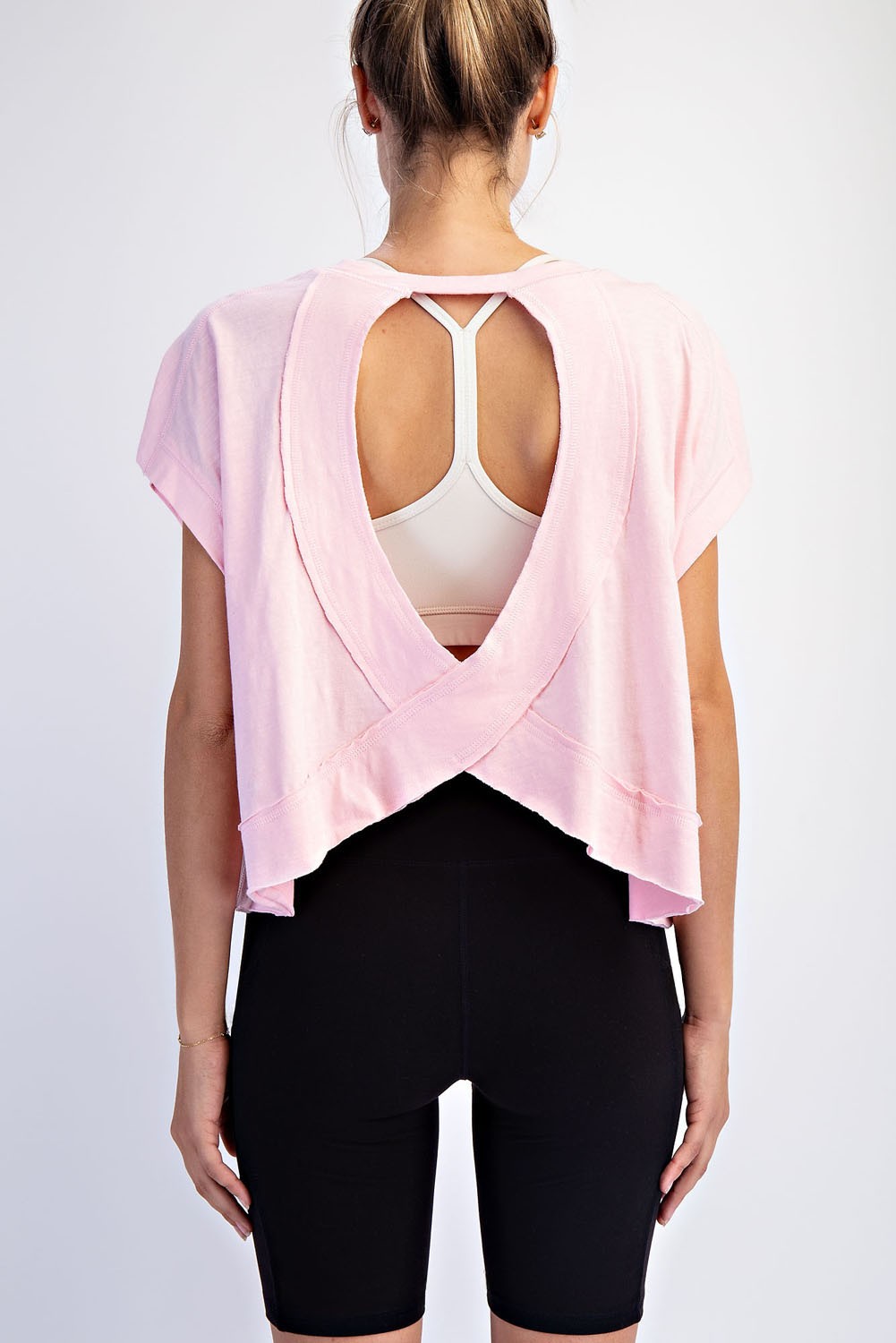 Oversized cotton slub cropped short sleeve top with open back detail