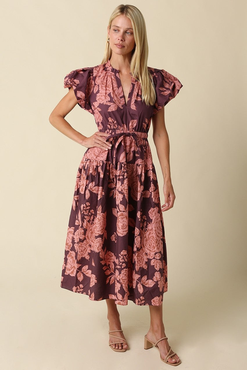 Lilah Floral Bubble Sleeve Midi Dress