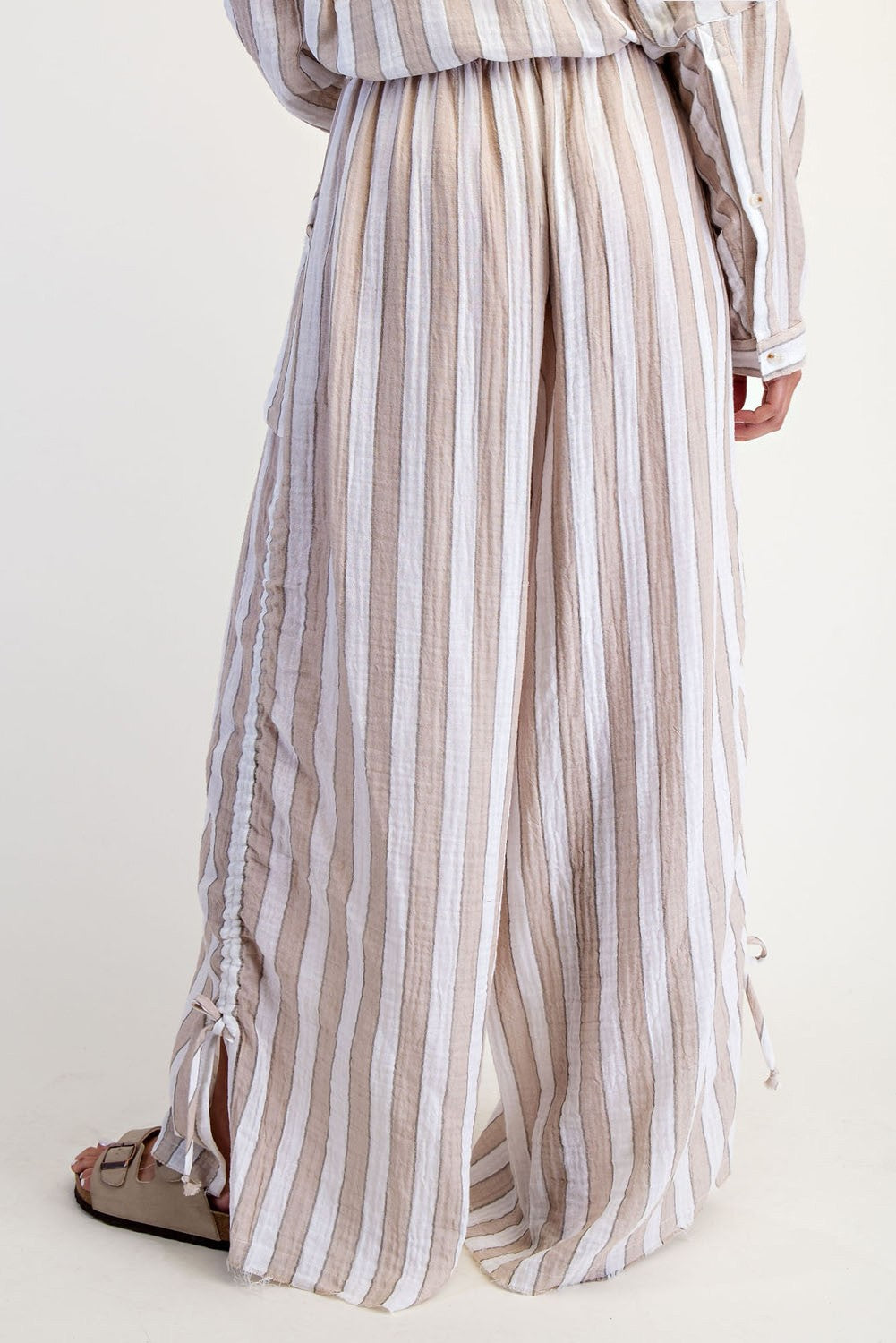 Women's boho cotton gauze wide-leg pants with cinched sides and tie-front waist