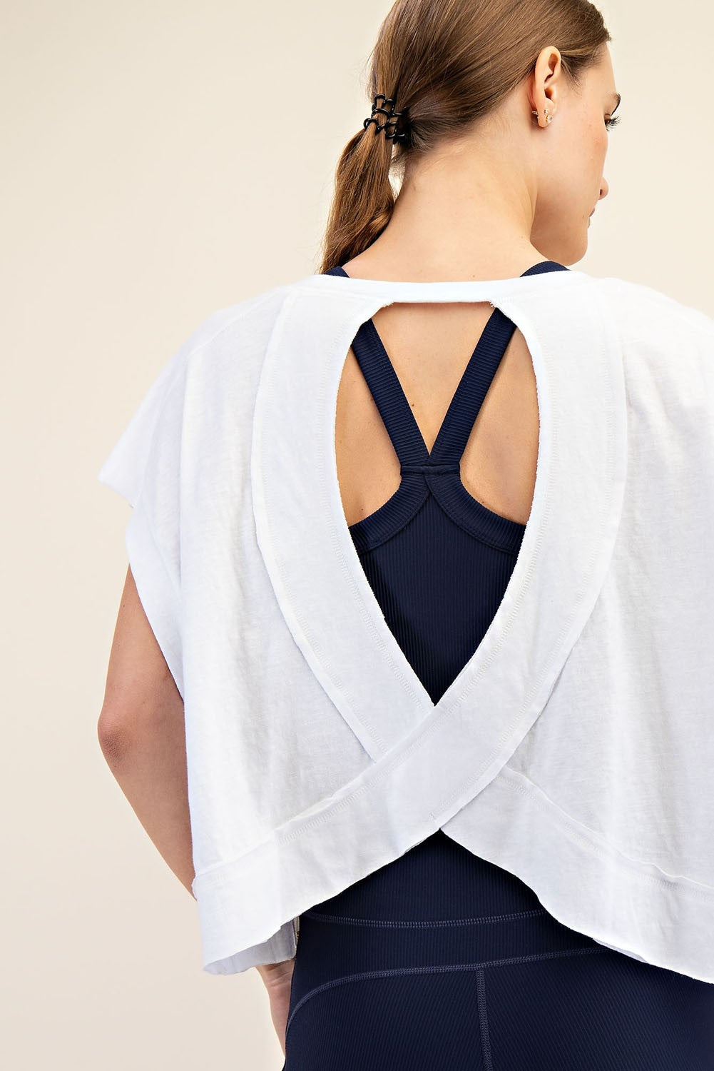 Oversized cotton slub cropped short sleeve top with open back detail