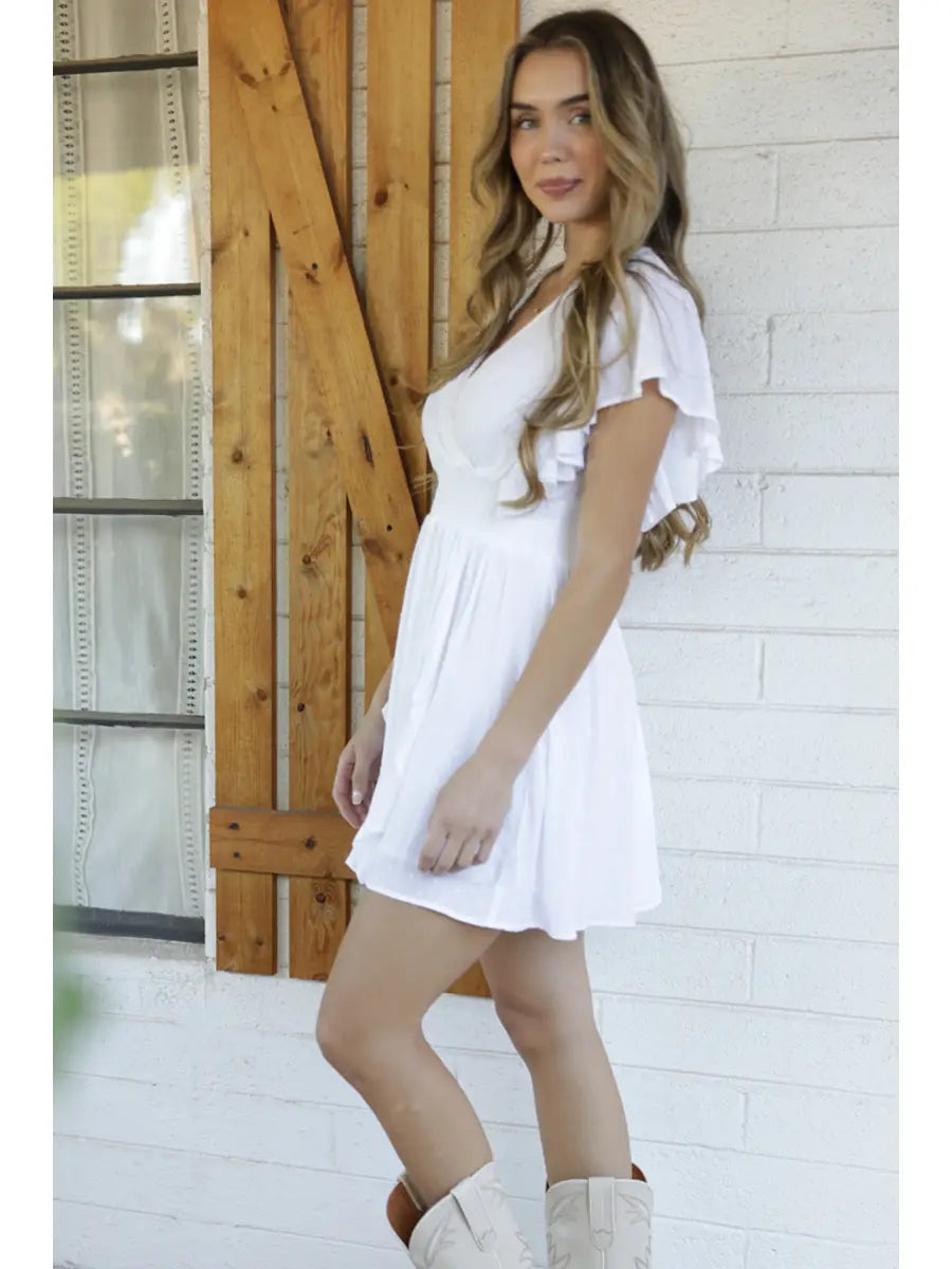 V-neck mini dress with Swiss dot texture and fit-and-flare silhouette