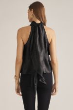 A feminine sleeveless top with layered ruffles, a high neckline, and a long self-tie scarf detail for an effortlessly polished look.