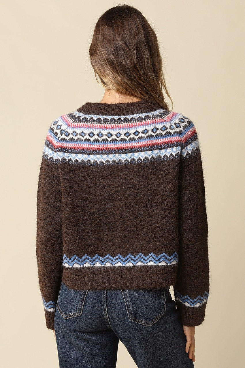 A cozy wool-blend knit cardigan featuring a classic Fair Isle pattern, charming toggle closures, and timeless Nordic-inspired style for chilly days.

