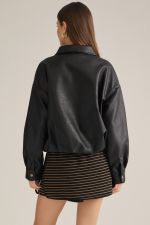 A sleek faux leather jacket featuring a classic shirt collar,bubble hem, front zipper, button cuffs, and practical side pockets for polished everyday style.