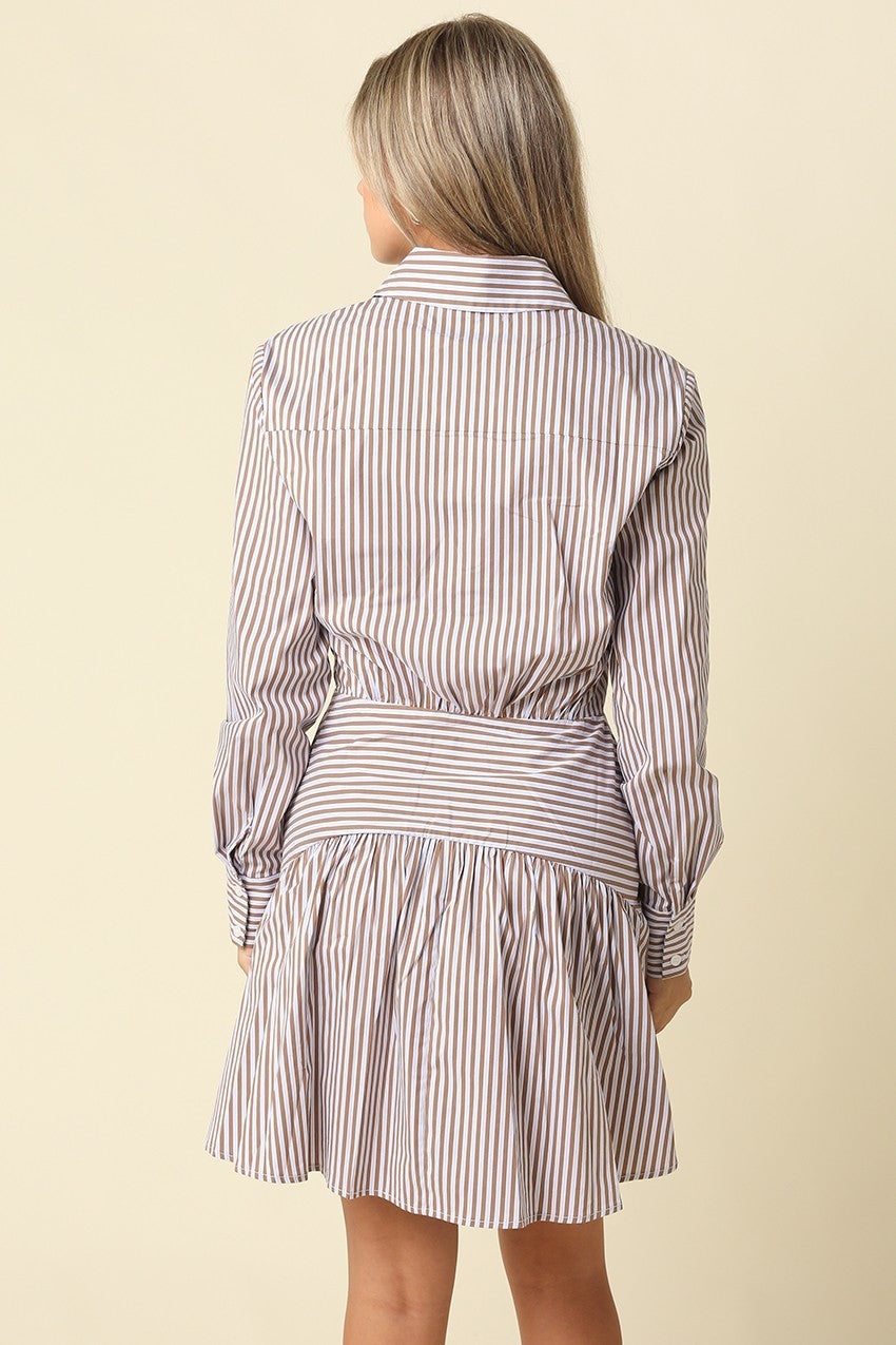 A polished striped shirt dress featuring a classic button-front bodice, fitted drop waist, and gathered flared mini skirt for a feminine silhouette.

