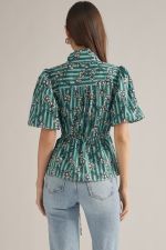 A charming stripe floral blouse featuring puff sleeves, a split neckline, and a flattering drawstring waist for effortless feminine style.