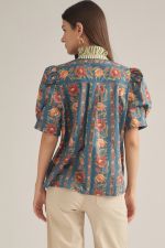The Edith Floral Ruffle Neck Top brings feminine charm to everyday dressing with a delicate floral print, puff sleeves, and pretty contrast stripe detailing.