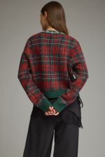 A polished plaid knit jacket featuring elegant jeweled trim, a classic button-front closure, and ribbed finishes for a sophisticated seasonal layer.