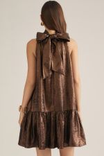 A flirty and feminine sleeveless mini dress featuring a halter neckline, back self-tie detail, and playful ruffle hem.