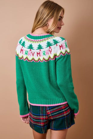 Get into the holiday spirit with this festive Fair Isle knit cardigan featuring a cheerful Merry Christmas design and contrasting trim for a cozy, classic seasonal look.