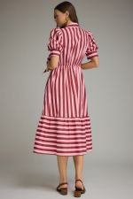A timeless striped midi dress featuring puff sleeves, a self-tie front, and a collared neckline for effortlessly polished style.
