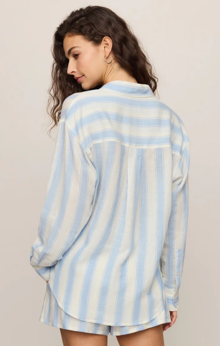 striped linen-blend button-up designed with a lightweight feel and relaxed silhouette