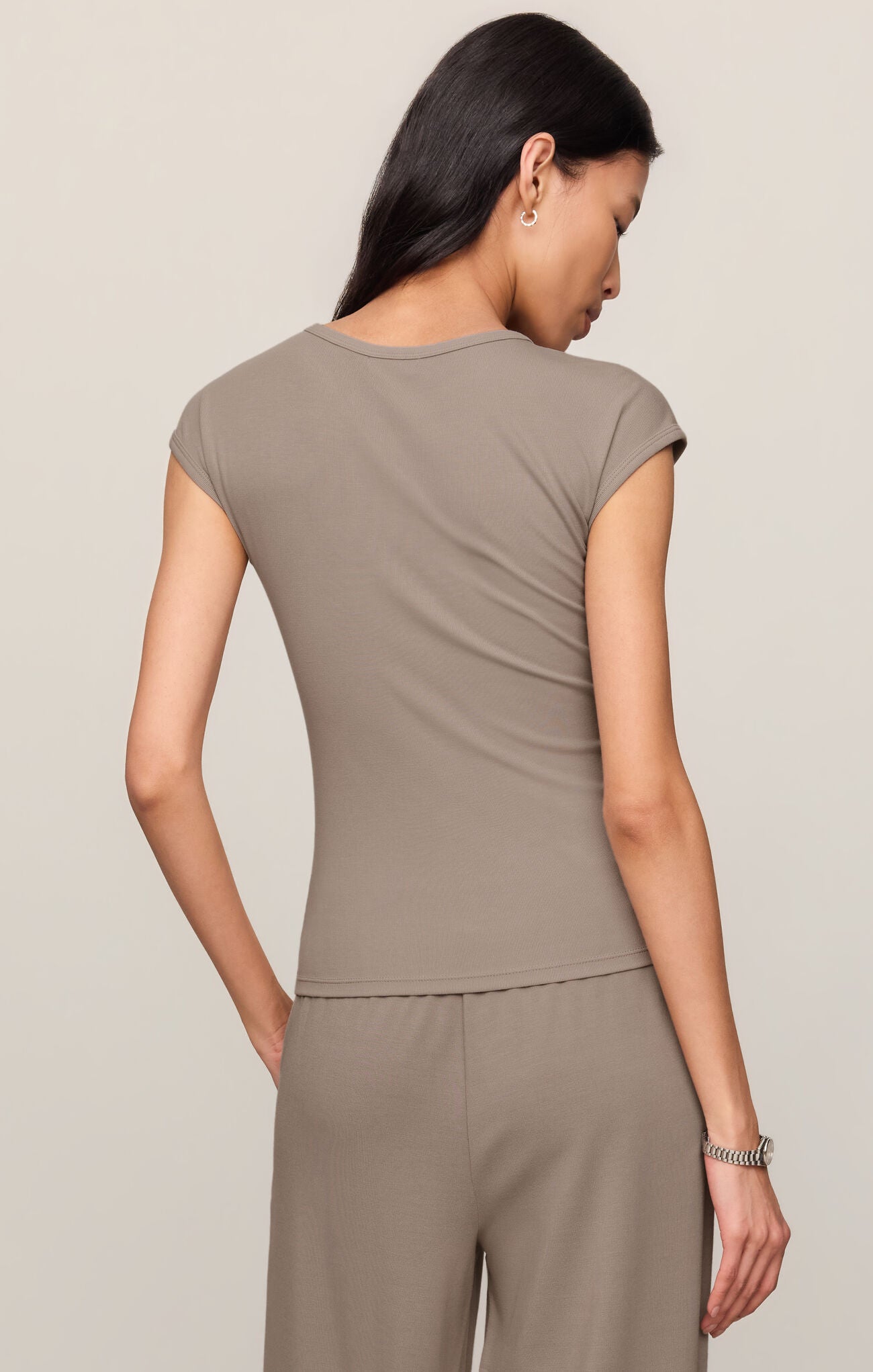 ultra-soft second skin baby rib tee featuring a classic crew neckline and flattering fitted silhouette for effortless everyday style.