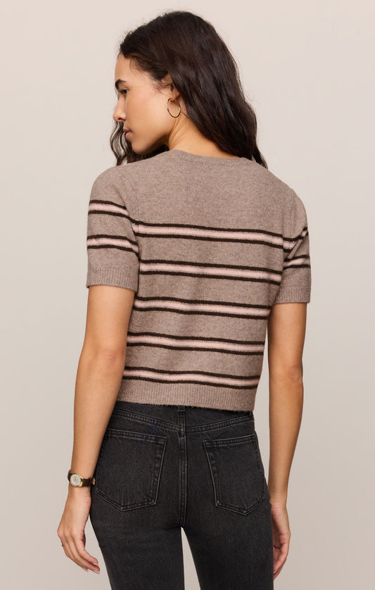 a brown and beige striped short-sleeve top 