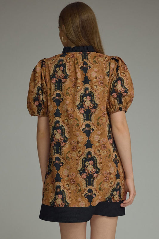 feminine printed mini dress featuring romantic puff sleeves, a contrast ruffle neckline, and lightweight comfort for effortless everyday elegance.