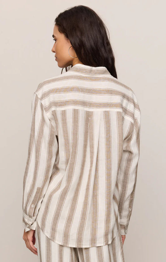 striped linen-blend button-up designed with a lightweight feel and relaxed silhouette