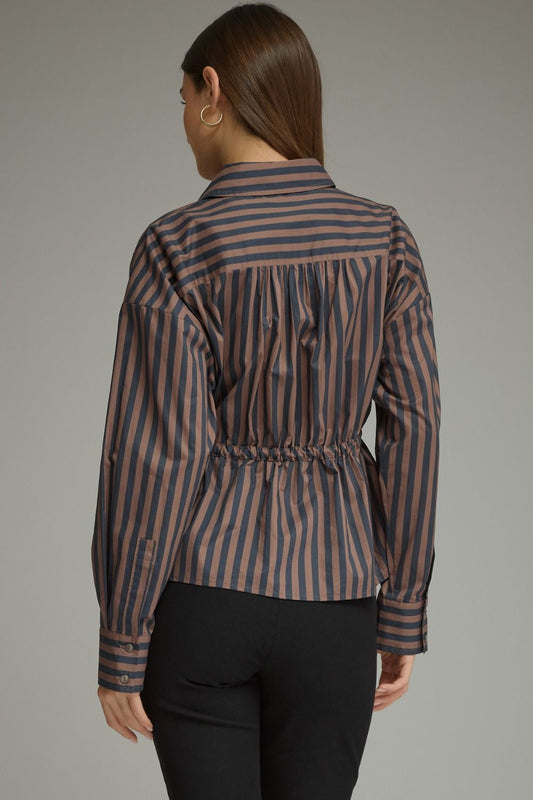 A polished striped top featuring a classic shirt collar, adjustable drawstring waist, button cuffs, and a flattering peplum hem.


