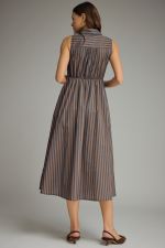 A timeless striped midi dress featuring a collared neckline, self-tie front, and sleeveless silhouette for effortless warm-weather style.
