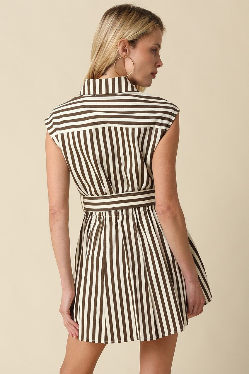 A polished striped mini dress featuring a flattering fit-and-flare silhouette, button-front design, and coordinating waist belt for effortless everyday sophistication.